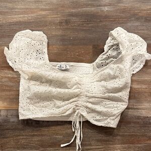 Hollister Cream Eyelet Crop Top with Puff Sleeves